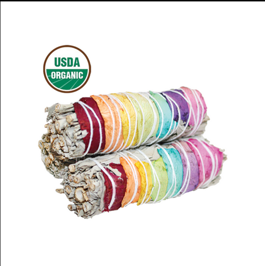 White sage smudge stick layered with seven colors of rose petals for the chakras
