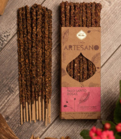A box of thirty thick Rose Palo Santo incense sticks.