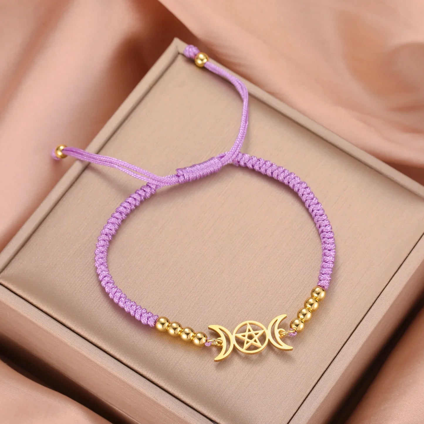 Triple moon pentacle charm in stainless steel on an adjustable lace-up cord bracelet — view 12 of 13