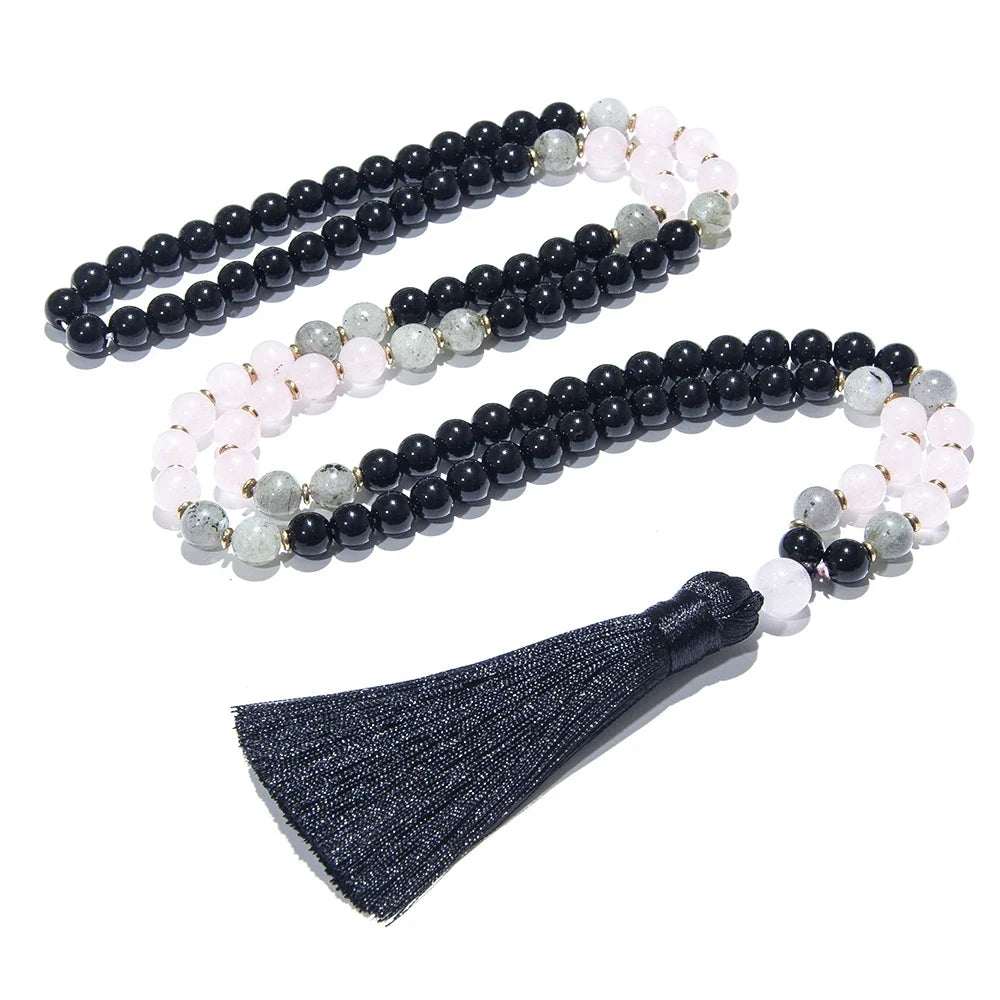 108-bead mala necklace strung with 8 mm black onyx, rose quartz and labradorite beads — product photo 5