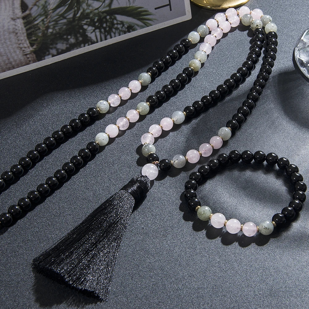 108-bead mala necklace strung with 8 mm black onyx, rose quartz and labradorite beads — product photo 2