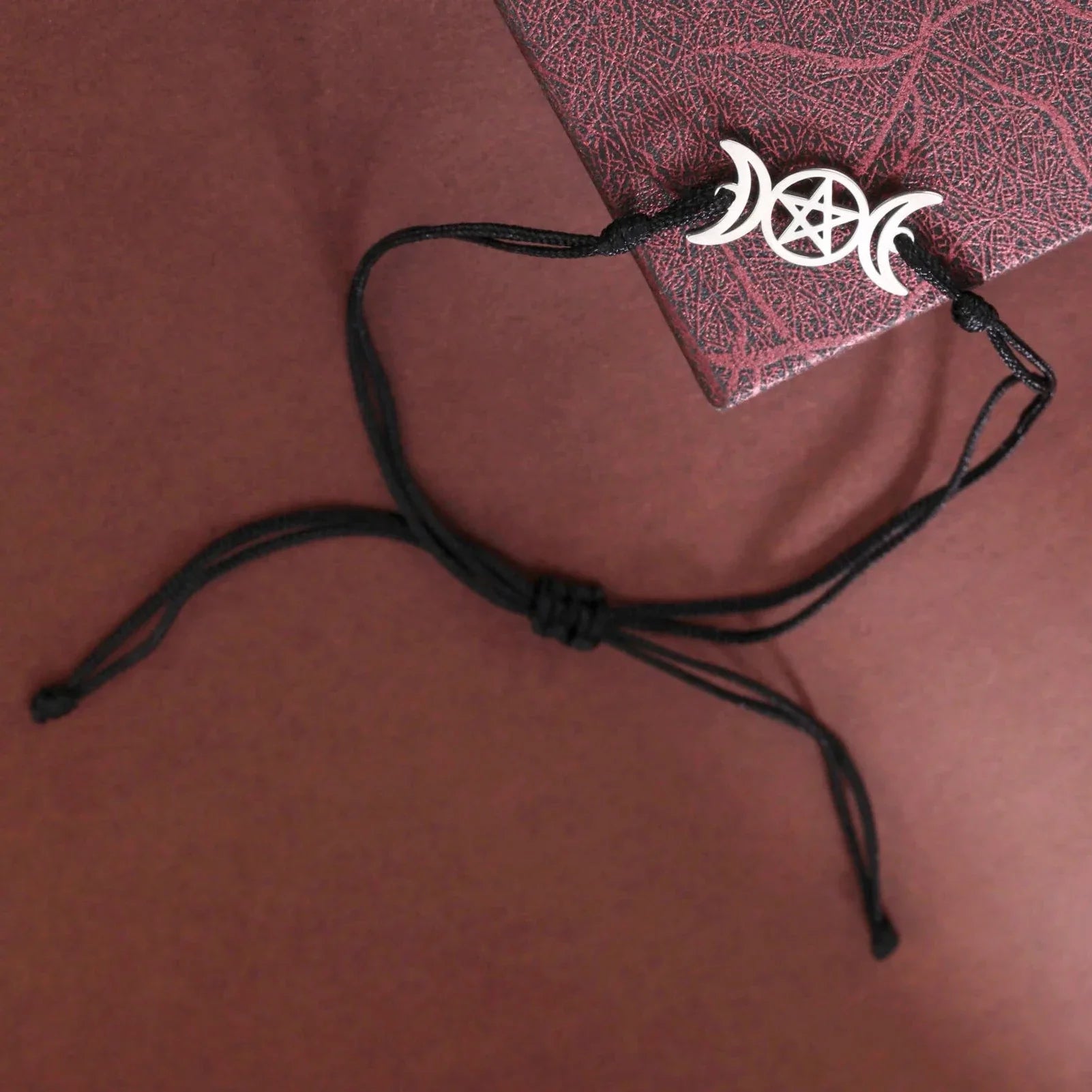 Triple moon pentacle charm in stainless steel on an adjustable lace-up cord bracelet — view 4 of 13