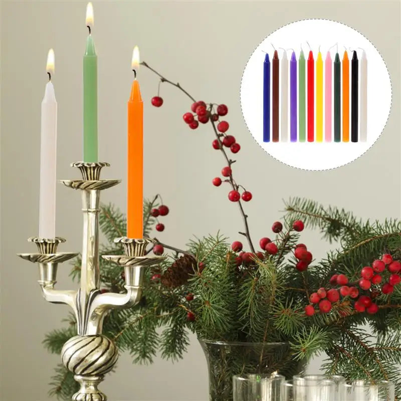 Set of twelve colored ritual taper candles in red, pink, purple, blue, green, yellow, white and black, laid out in a row — product photo 6