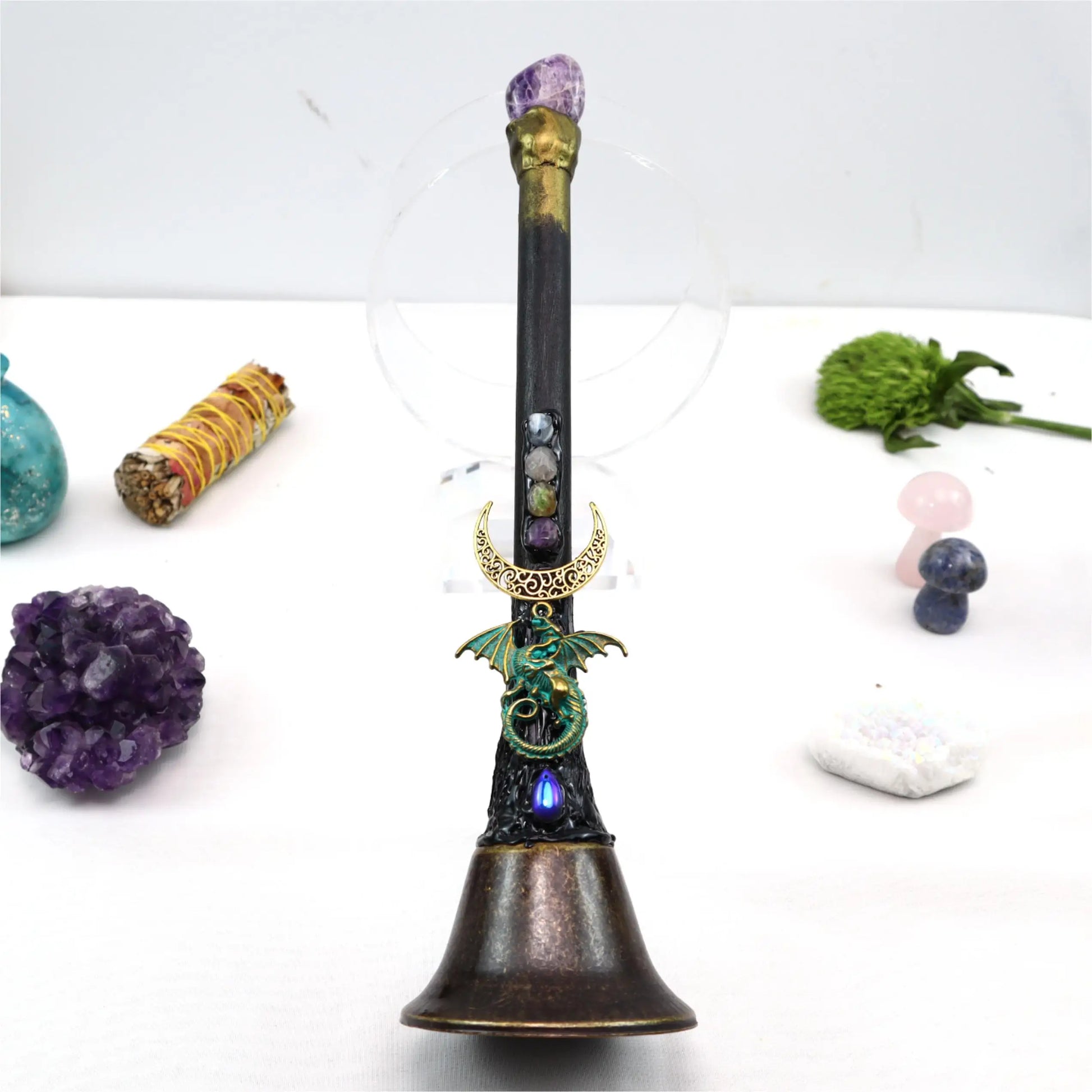 Large altar bell hung with natural crystal charms against a dark background — view 6 of 9