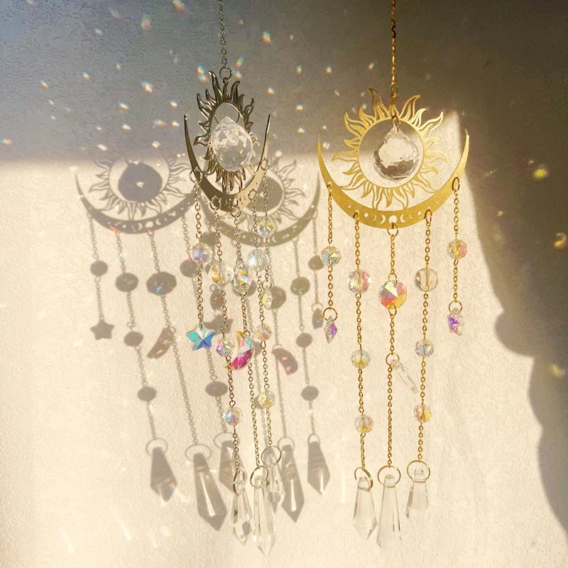Gold moon phase and sun crystal suncatcher hanging in a window, with faceted K9 crystal prisms — product photo 6