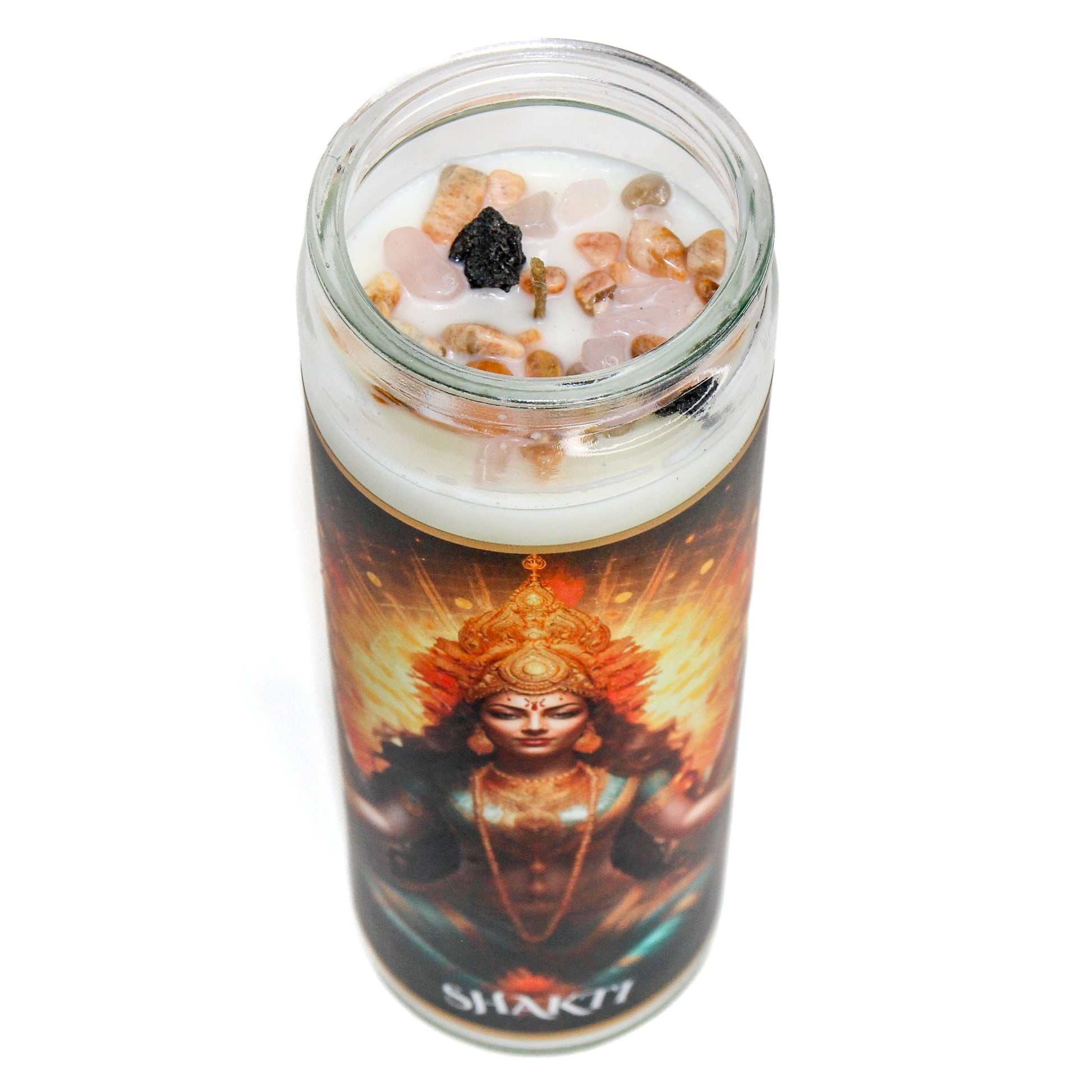 Back of the Shakti Ma altar candle showing the printed image and inscription