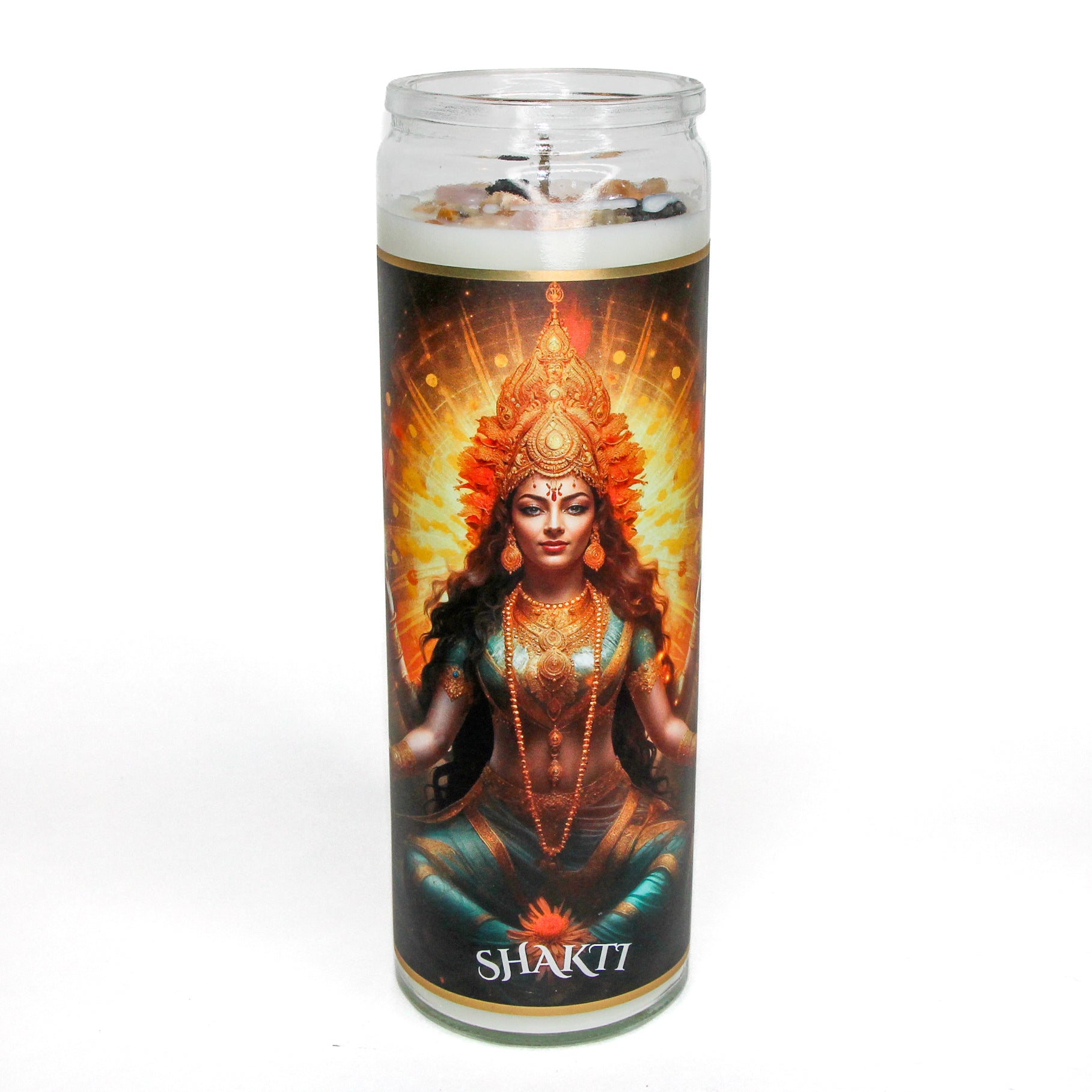 Close-up of the crystals set on top of the Shakti Ma altar candle