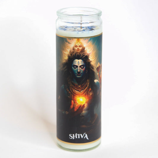 Shiva crystal altar candle in a clear glass vessel, topped with crystals