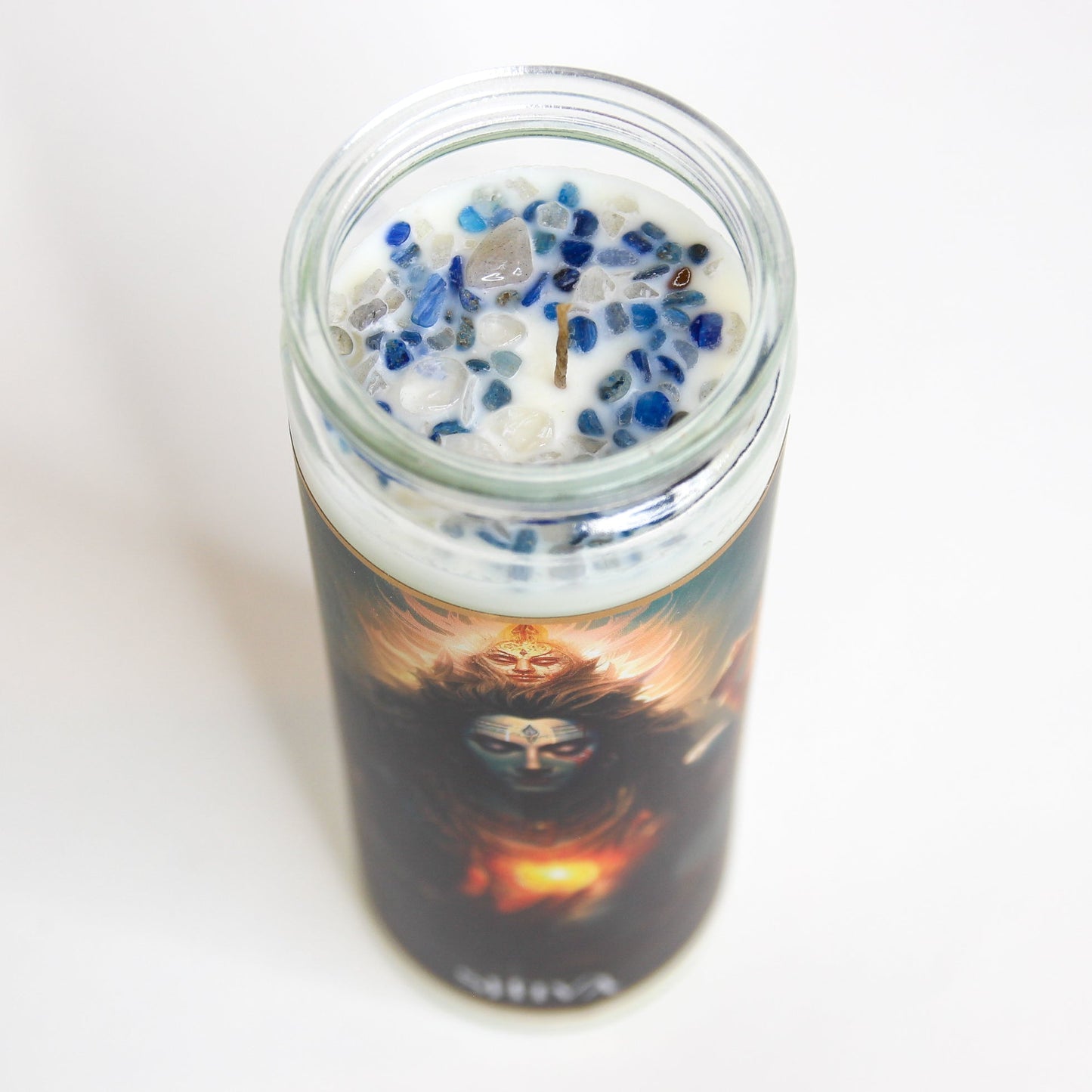 Close-up of the crystals set on top of the Shiva altar candle