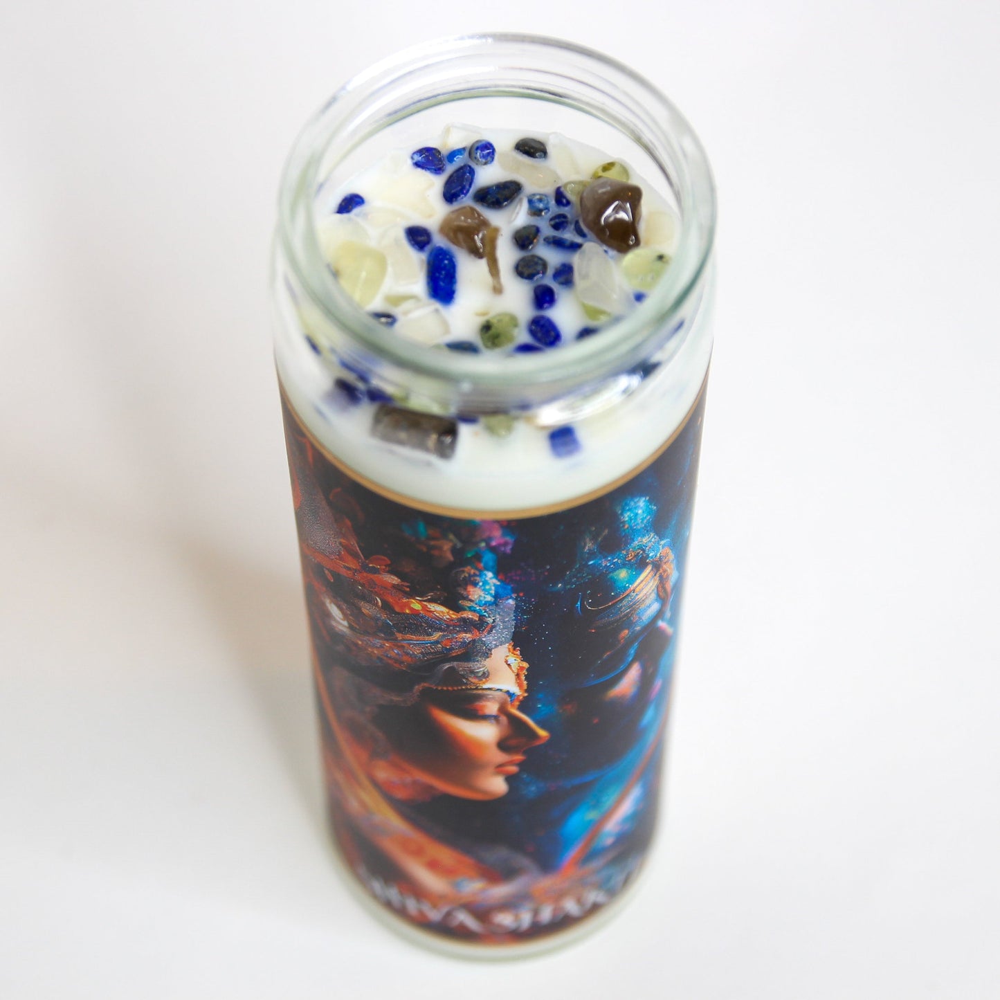 Close-up of the crystals set on top of the Shiva Shakti altar candle