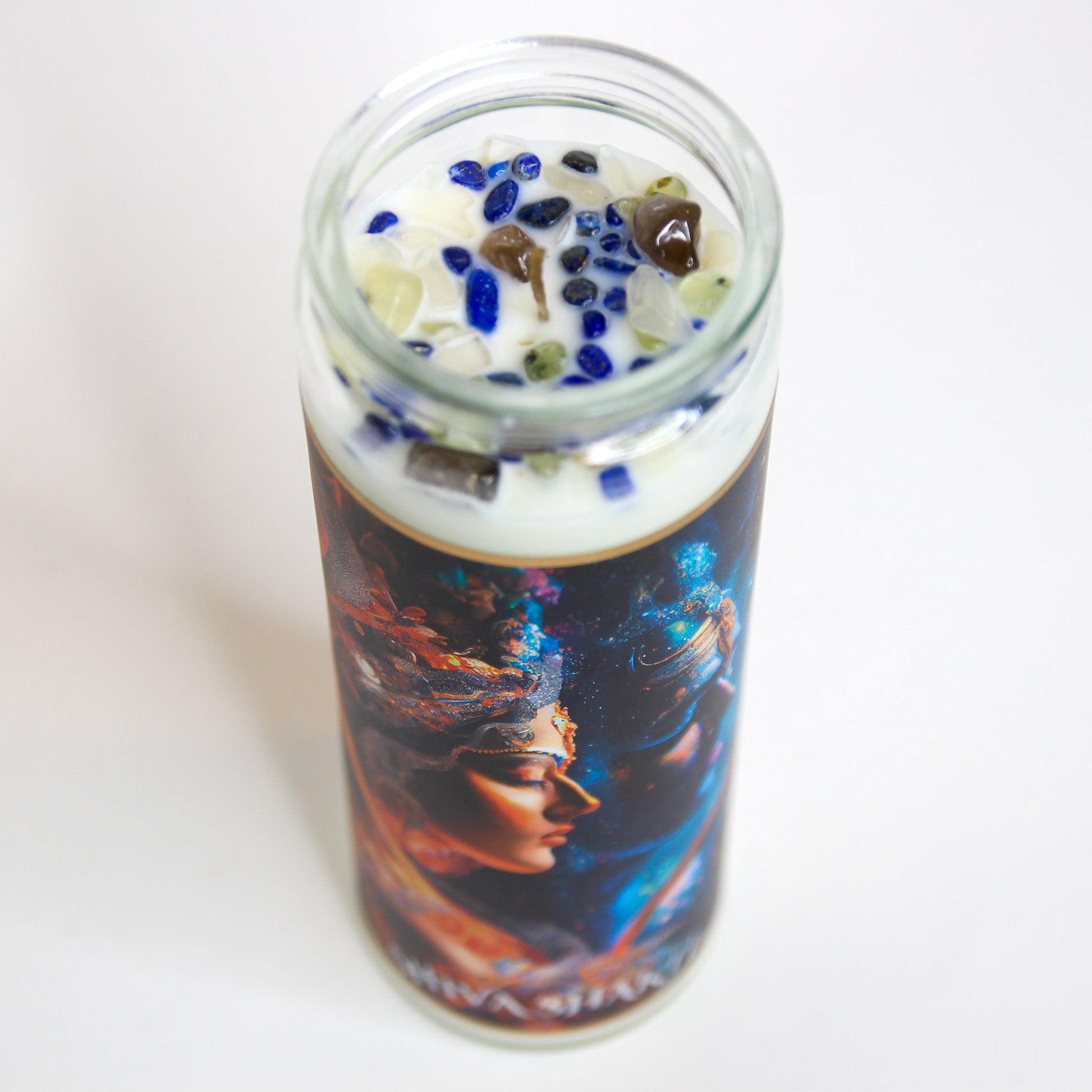 Close-up of the crystals set on top of the Shiva Shakti altar candle