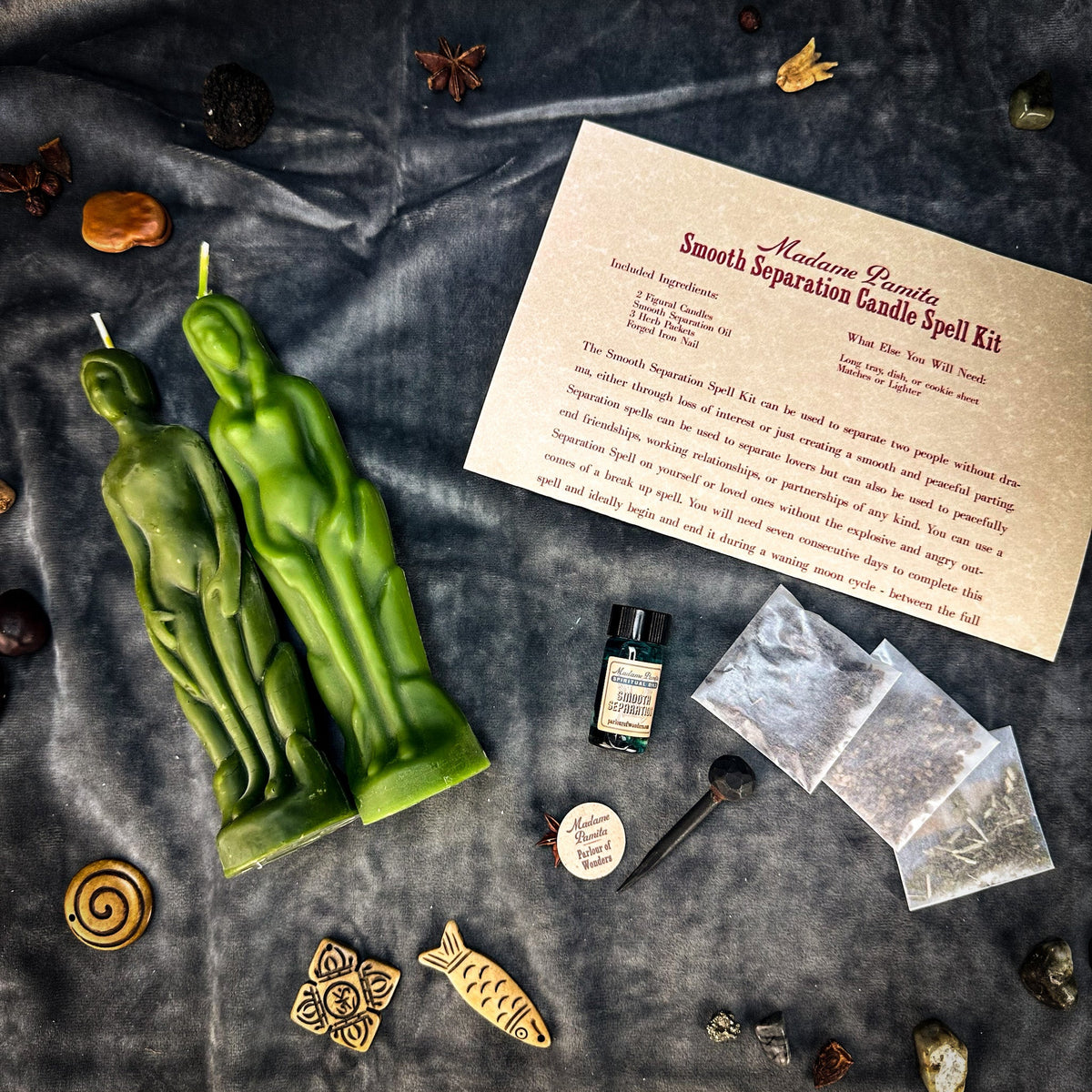 Smooth Separation kit in green with two beeswax figure candles and kit components