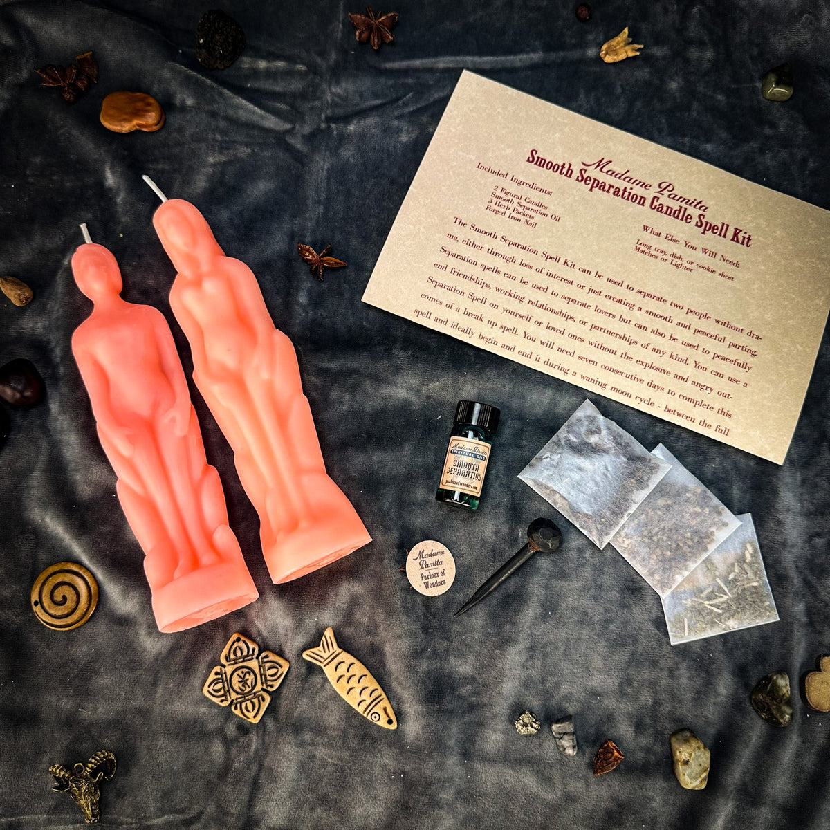 Smooth Separation kit in pink with two beeswax figure candles, oil, herbs and instructions