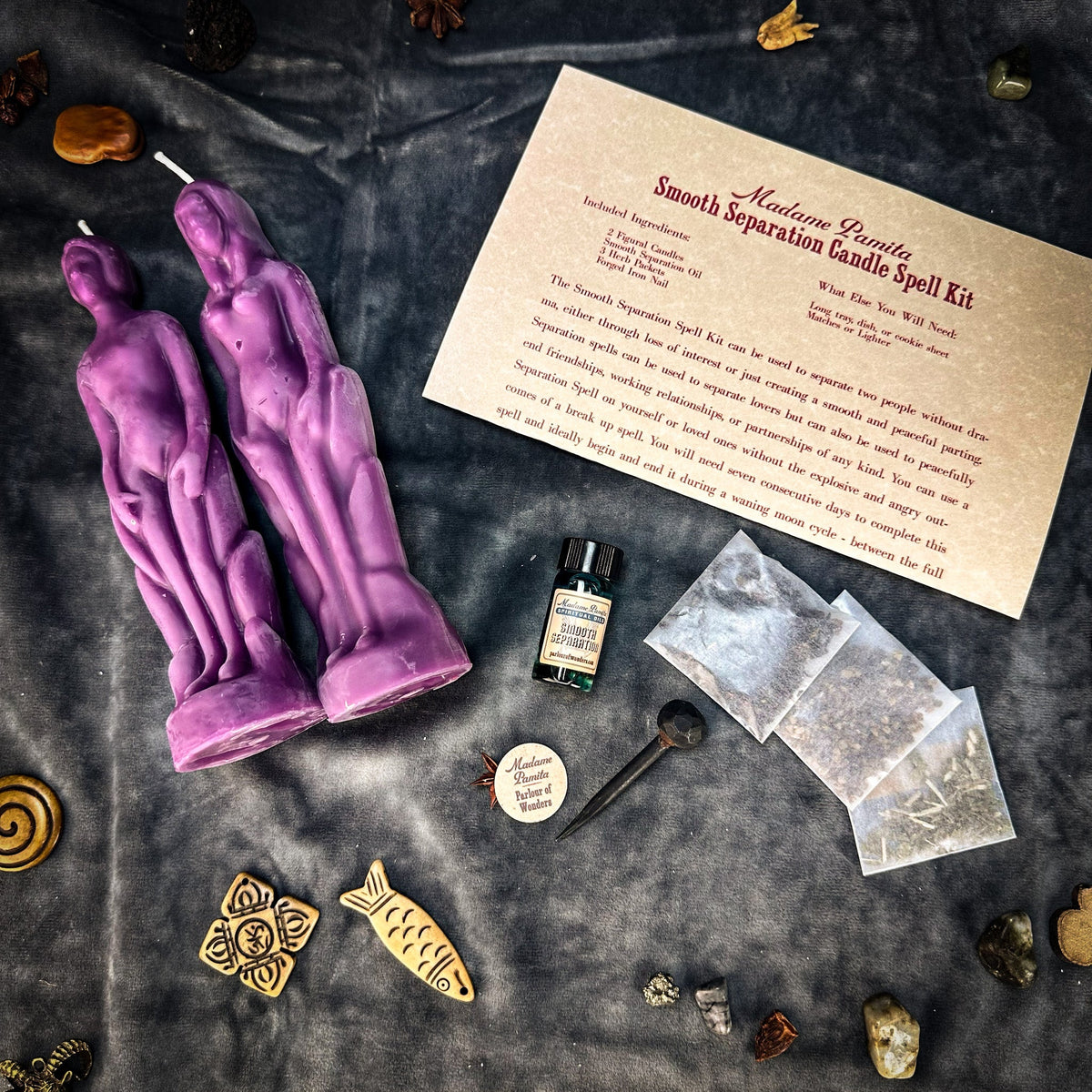Smooth Separation kit in purple with two beeswax figure candles and kit components