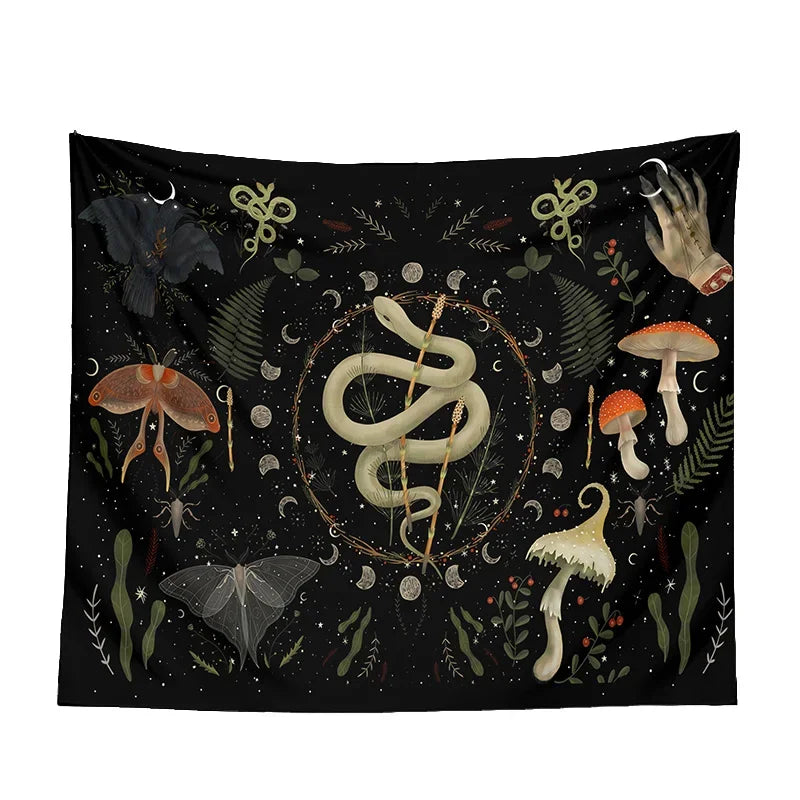 Black moon phase tapestry with lunar cycle print hanging on a wall — view 2 of 6