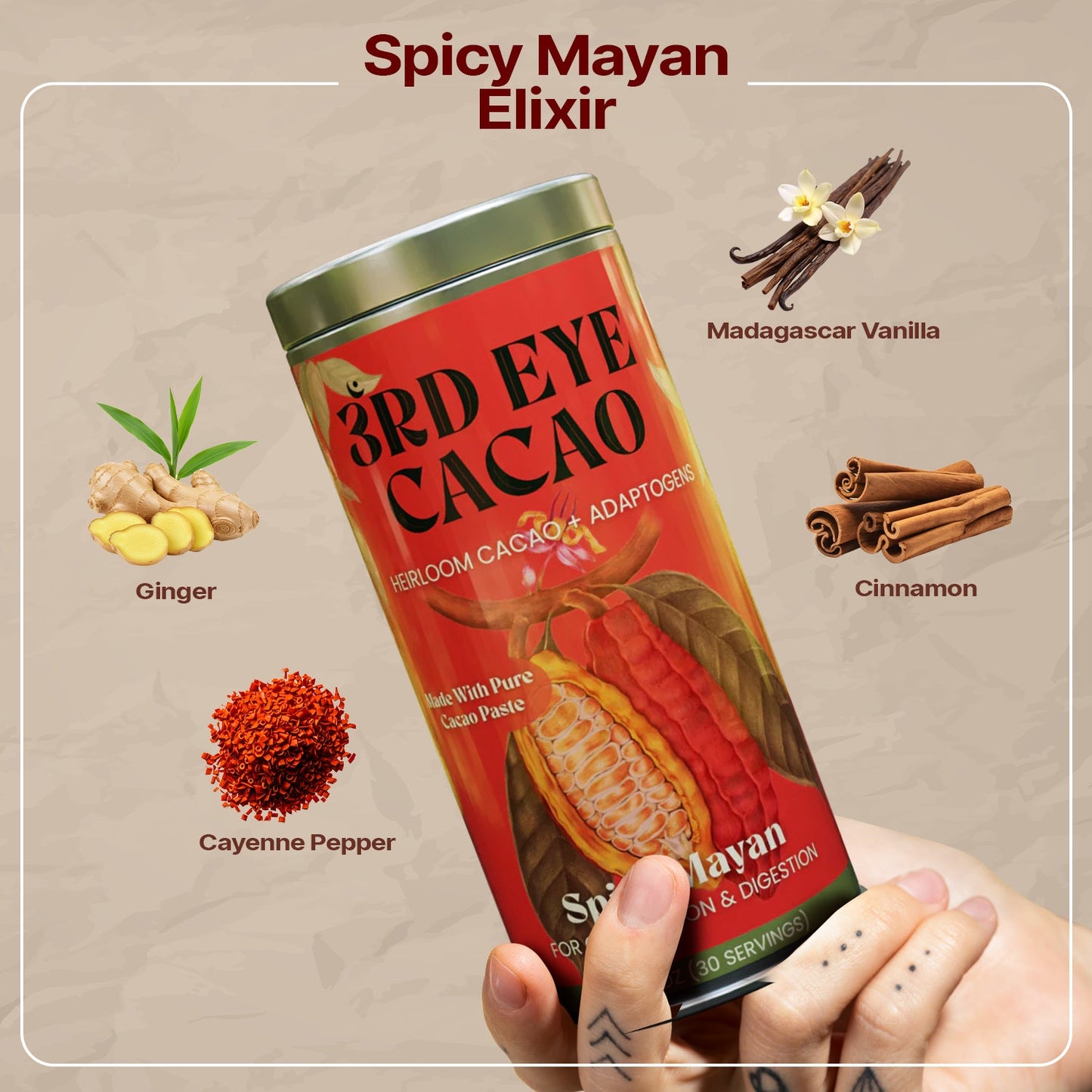 Spicy Mayan ceremonial cacao elixir with cayenne, ginger and Madagascar vanilla by 3rd Eye Cacao (view 2)