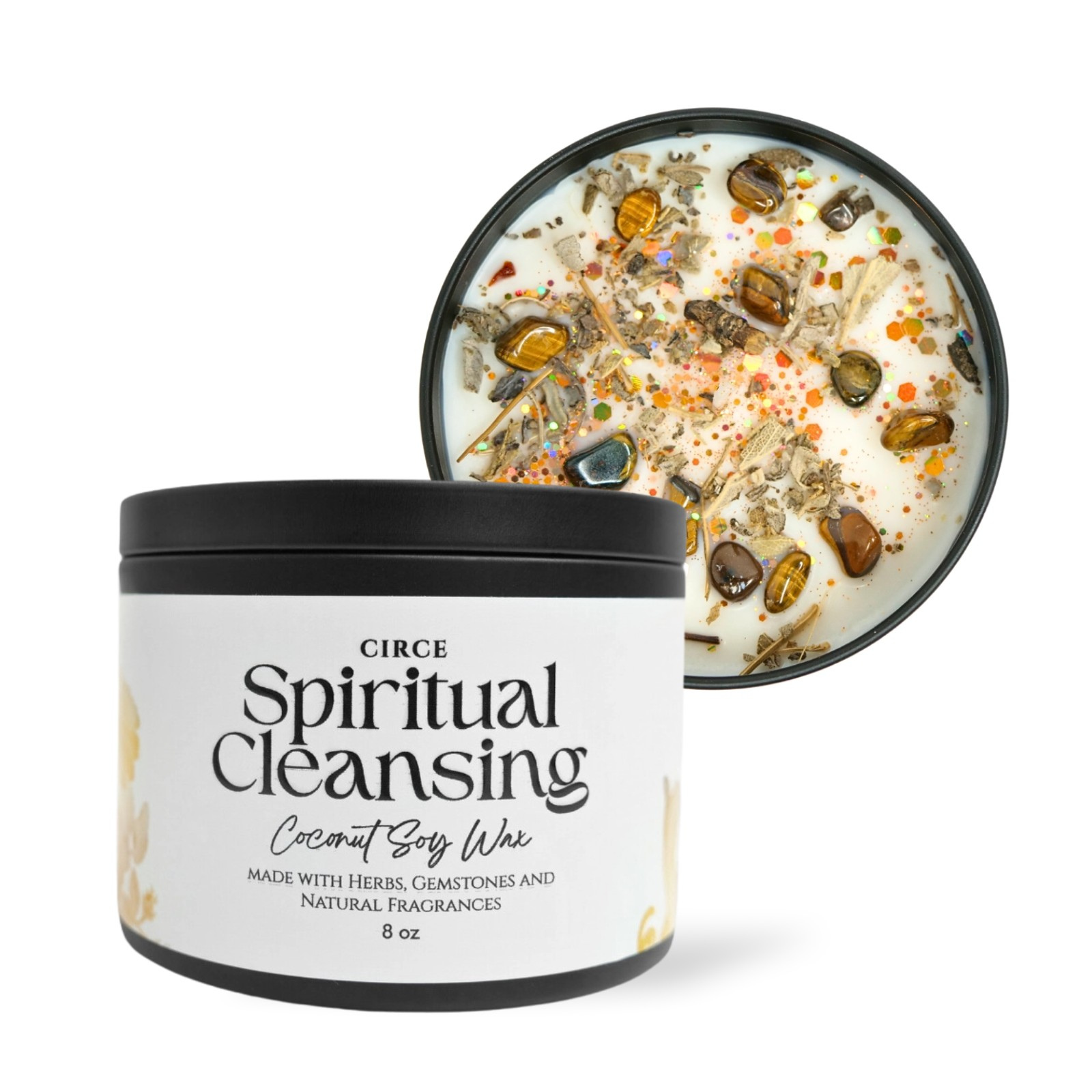 Spiritual Cleansing ritual candle in an 8 oz jar with crushed sage and tiger's eye