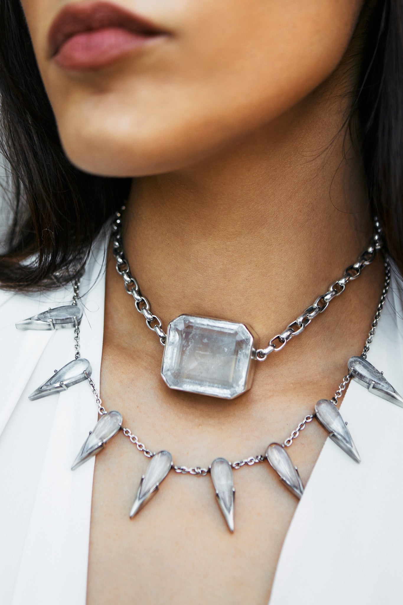 Square Goliath Choker in Striated Crystal — a large squared natural quartz stone on a heavy oxidized silver cable chain — view 4