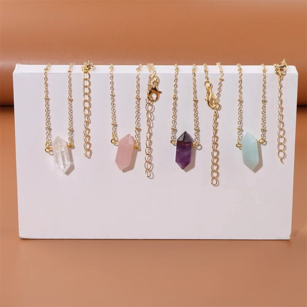 Hexagonal crystal column pendant in gold-plated setting on a fine chain — view 2 of 12