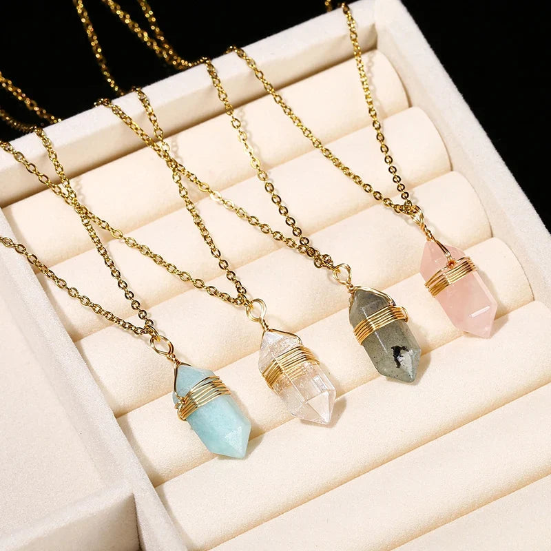 Wire-wrapped hexagonal crystal pendant in gold-plated copper on an adjustable chain — view 12 of 12