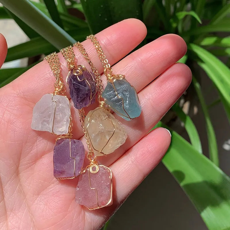Raw Crystal Wire-Wrapped Necklace — Gold-Plated Chain, 22 Stones