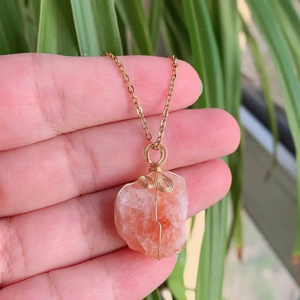 Raw Crystal Wire-Wrapped Necklace — Gold-Plated Chain, 22 Stones