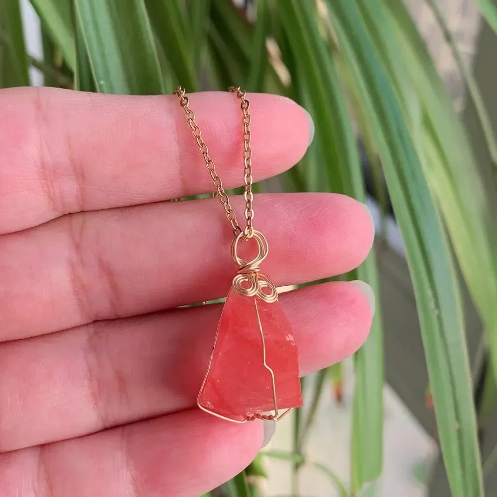 Raw wire-wrapped crystal pendant on a gold-plated stainless steel link chain — view 5 of 20