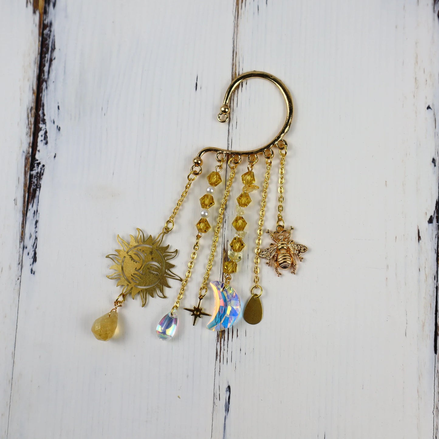 Gold Ear Cuff Crystal Earrings — Sun & Moon Tassel Ear Climber