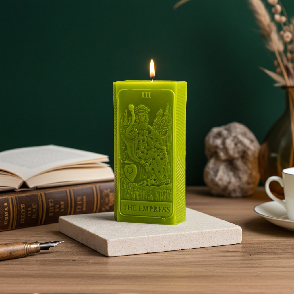 Green beeswax The Empress tarot card candle burning on a desk beside open books and a cup