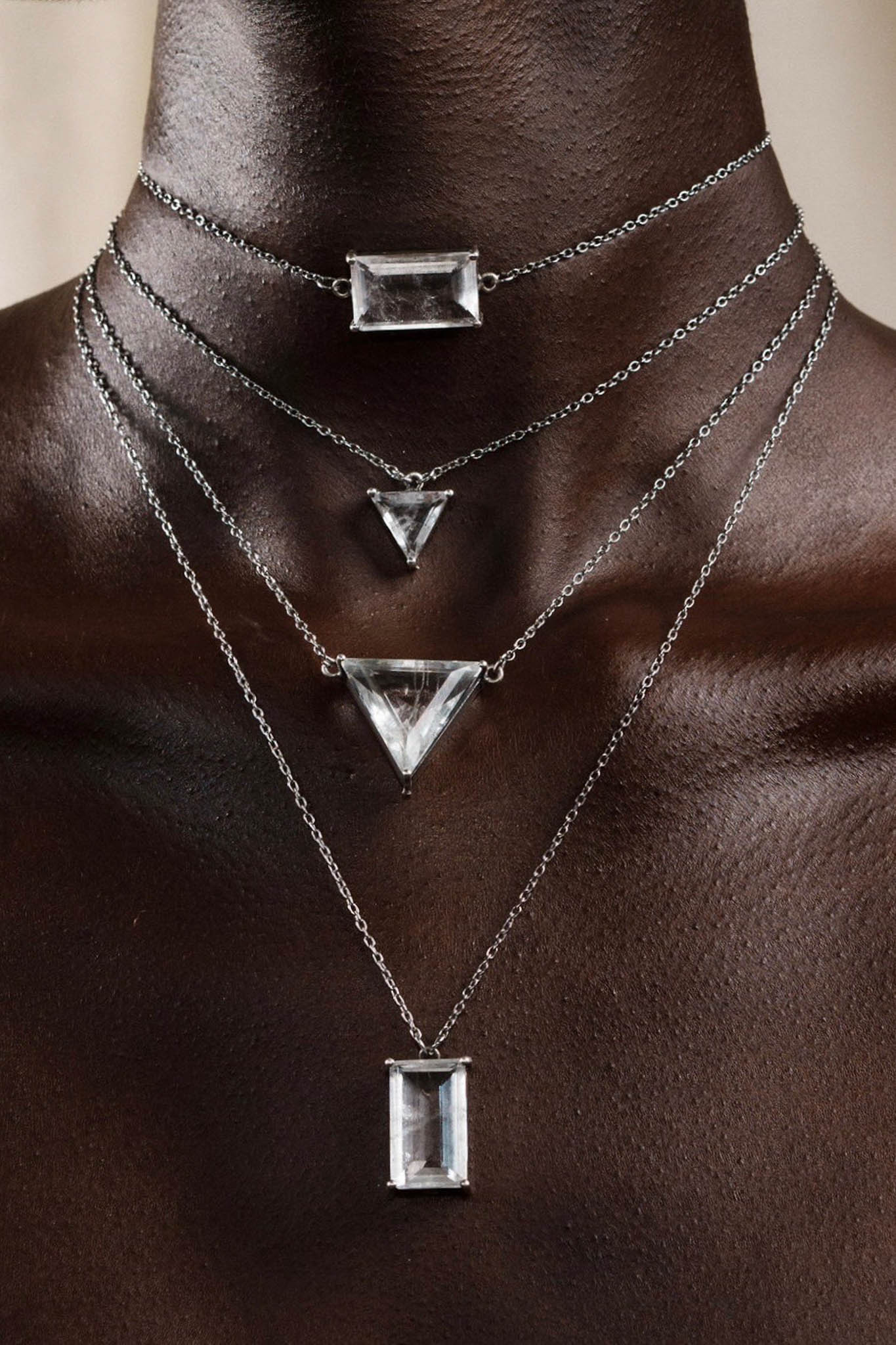 Obscura Stacking Shards in Striated Crystal — jagged natural quartz shards suspended from whisper-thin sterling silver chains