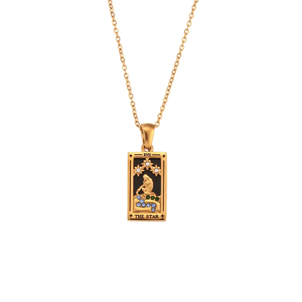 Gold-tone stainless steel tarot card pendant necklace with enamel and zircon detail on a fine chain — product photo 4