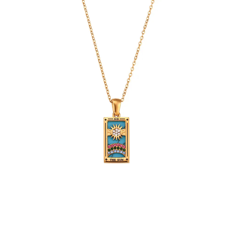 Gold-tone stainless steel tarot card pendant necklace with enamel and zircon detail on a fine chain — product photo 5