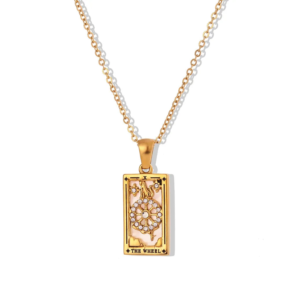 Gold-tone stainless steel tarot card pendant necklace with enamel and zircon detail on a fine chain — product photo 6