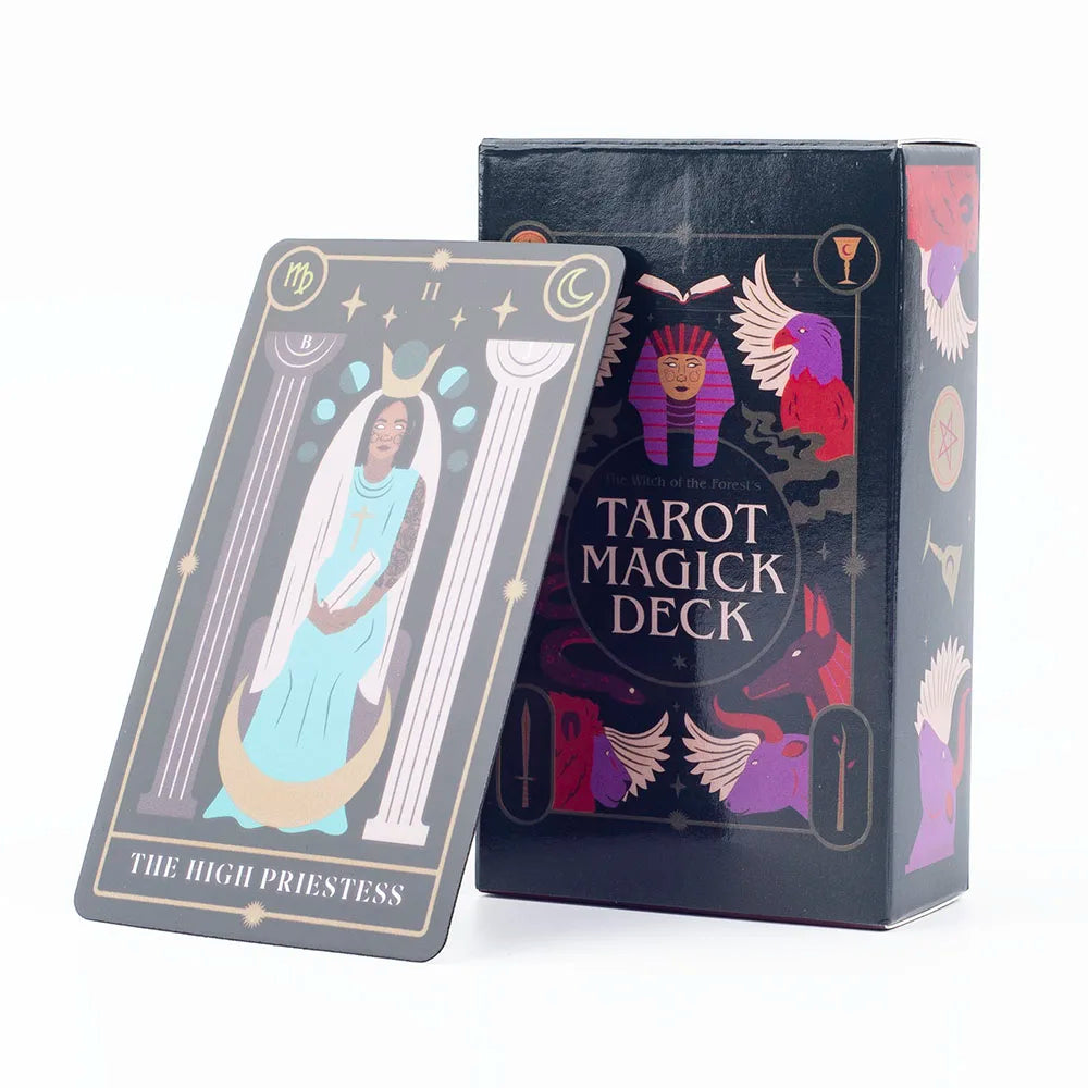The Witch of the Forest's Tarot Magick Deck with illustrated cards fanned out beside the printed guidebook — product photo 3