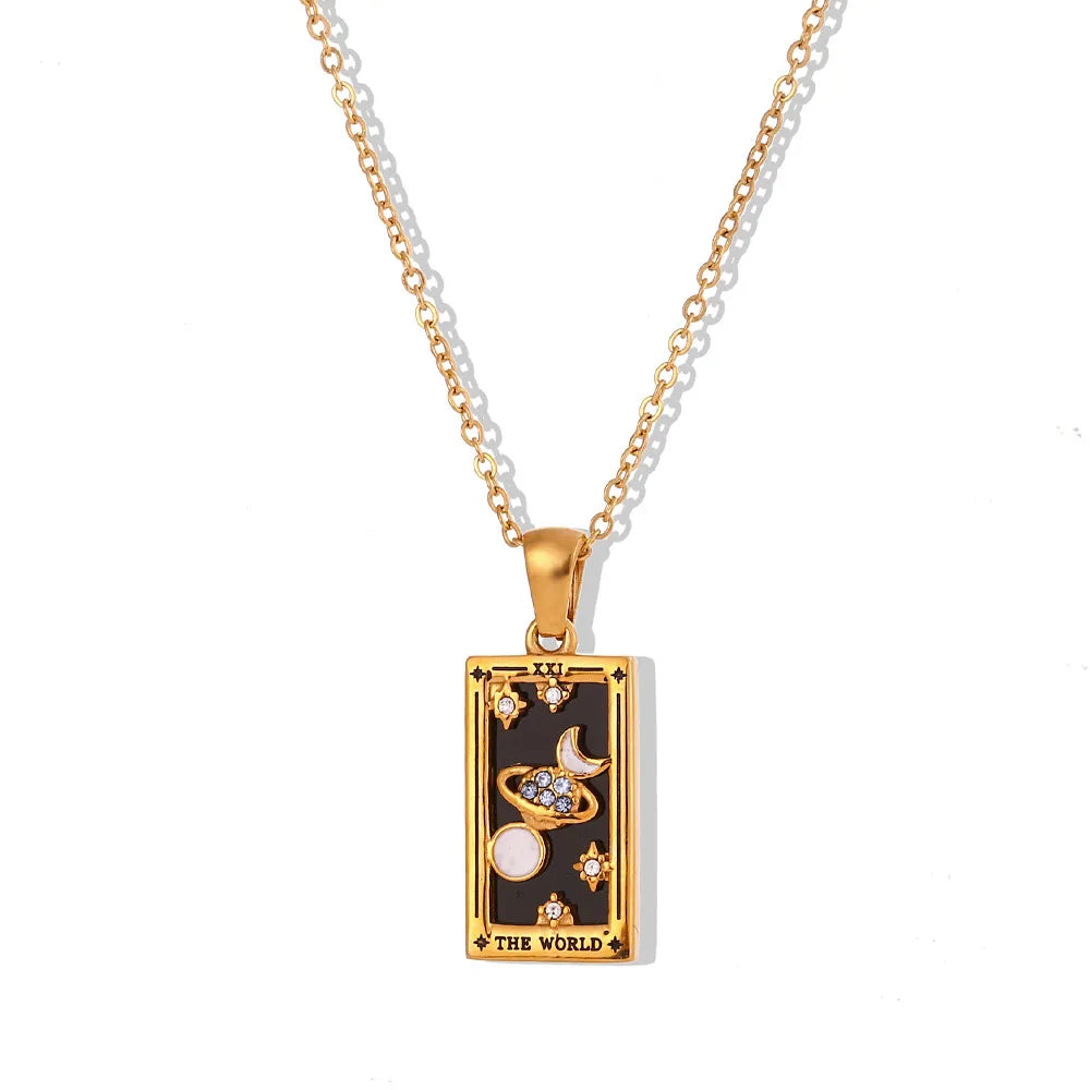 Gold-tone stainless steel tarot card pendant necklace with enamel and zircon detail on a fine chain — product photo 3
