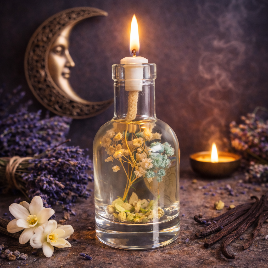Lit Moon oil candle: a clear glass bottle of pale yellow and white dried flowers with a burning wick, beside a carved crescent-moon face, bunched lavender, vanilla pods and a small oil lamp