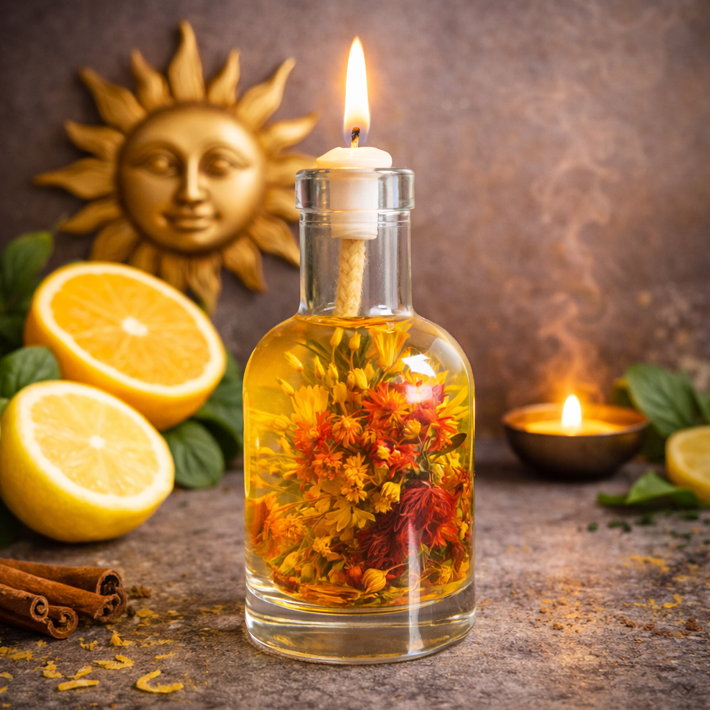 Lit Sun oil candle: a clear glass bottle of orange and yellow flowers in golden oil with a burning wick, beneath a gilded sun-face relief, beside halved lemons, cinnamon and a small oil lamp