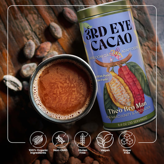 Theo-Bro-Man ceremonial cacao elixir with shilajit, chicory root, pine pollen and maca by 3rd Eye Cacao