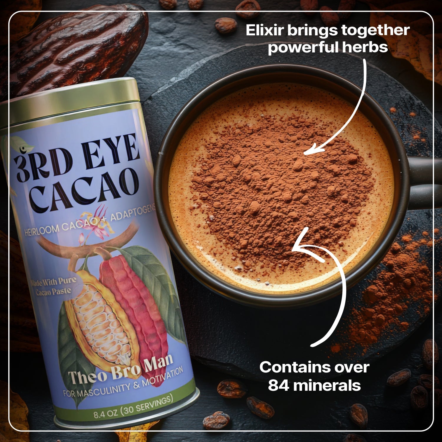 Theo-Bro-Man ceremonial cacao elixir with shilajit, chicory root, pine pollen and maca by 3rd Eye Cacao (view 2)