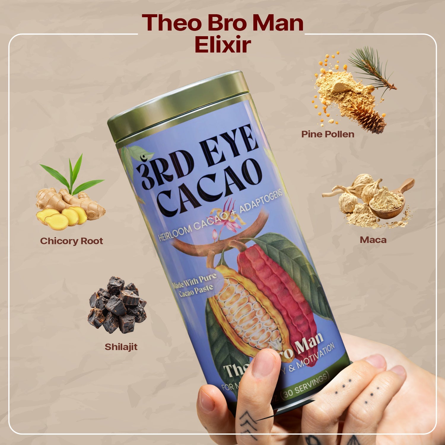Theo-Bro-Man ceremonial cacao elixir with shilajit, chicory root, pine pollen and maca by 3rd Eye Cacao (view 3)