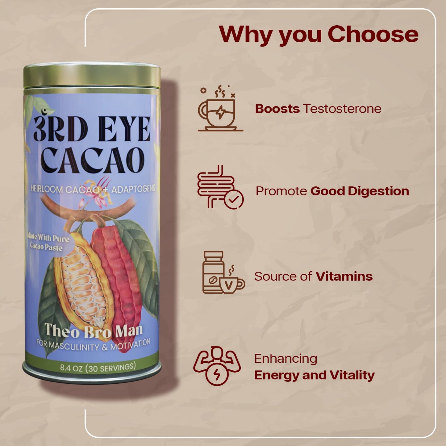 Theo-Bro-Man ceremonial cacao elixir with shilajit, chicory root, pine pollen and maca by 3rd Eye Cacao (view 4)