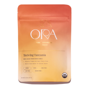 Front of the Ora Thriving Tanzania ceremonial cacao pouch with cacao discs