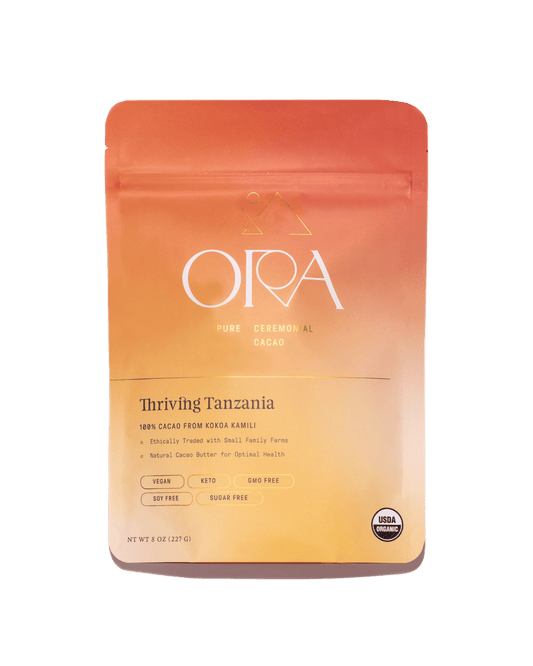 Front of the Ora Thriving Tanzania ceremonial cacao pouch with cacao discs