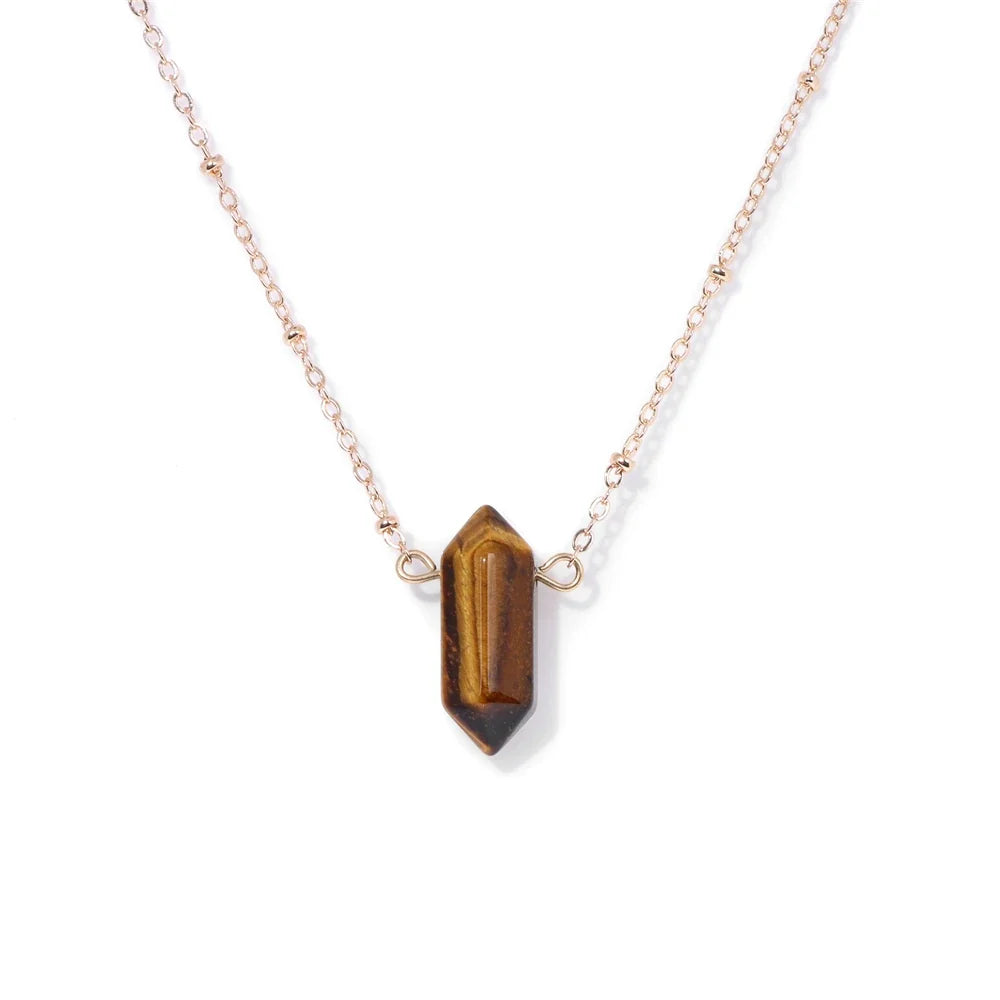 Hexagonal crystal column pendant in gold-plated setting on a fine chain — view 8 of 12