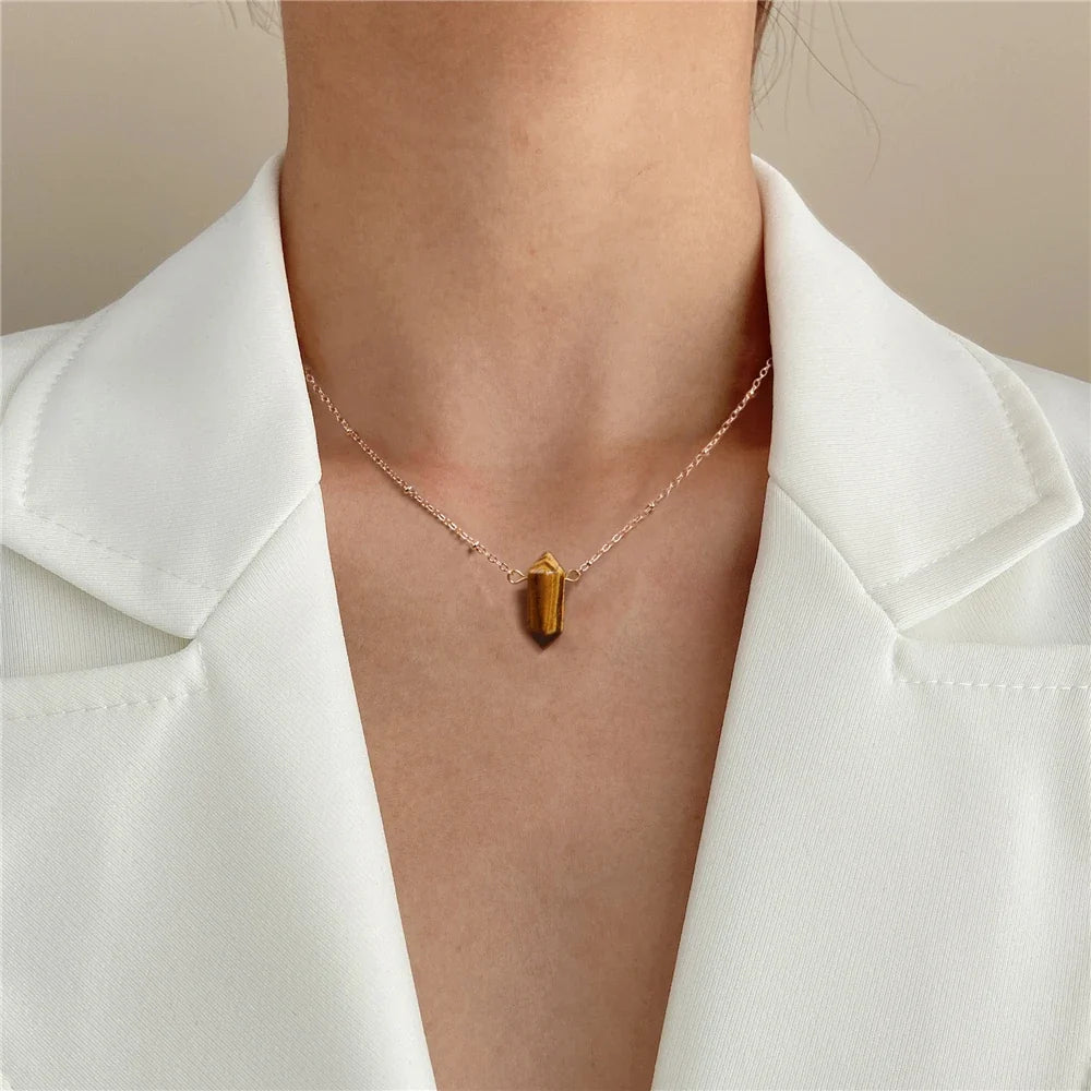 Hexagonal crystal column pendant in gold-plated setting on a fine chain — view 12 of 12