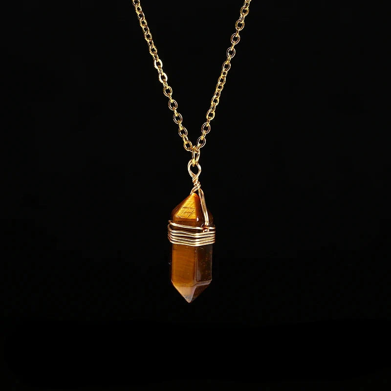Wire-wrapped hexagonal crystal pendant in gold-plated copper on an adjustable chain — view 9 of 12