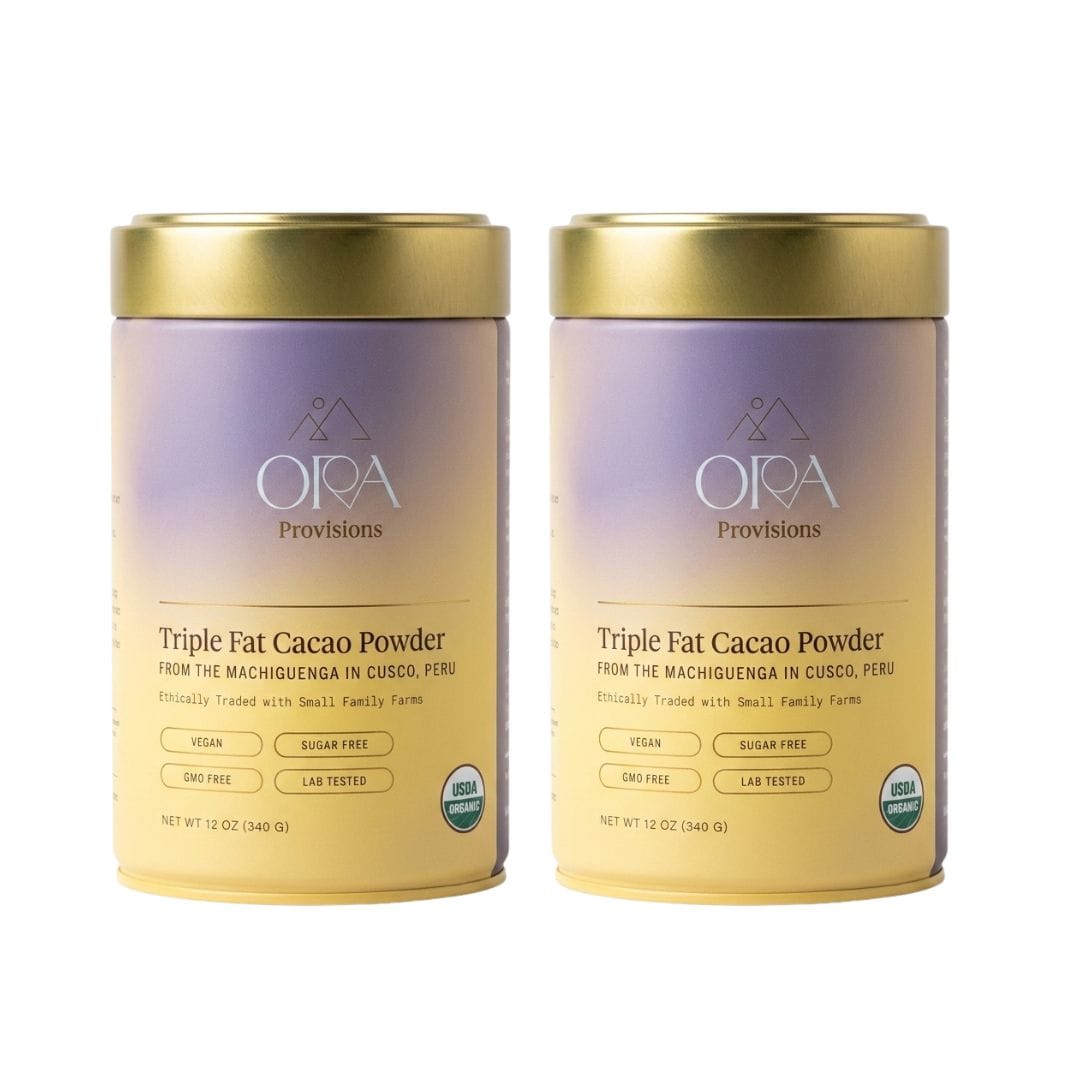 Close detail view of the ora Cacao Triple Fat cacao powder tin.