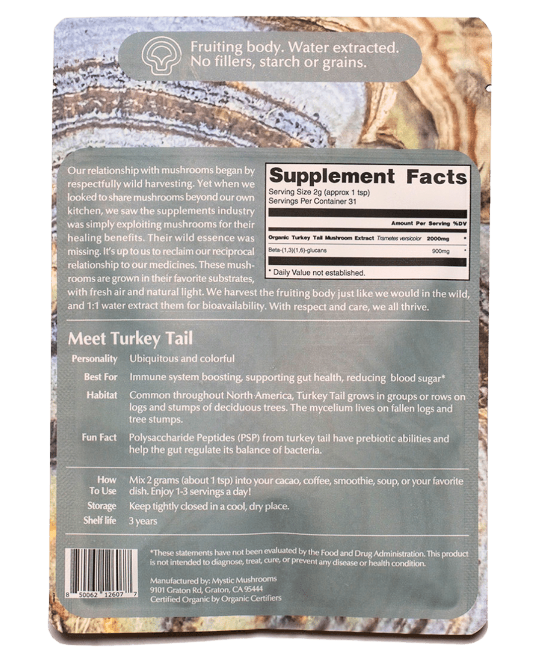 Back of the Mystic Mushrooms Turkey Tail pouch showing the supplement facts panel and directions
