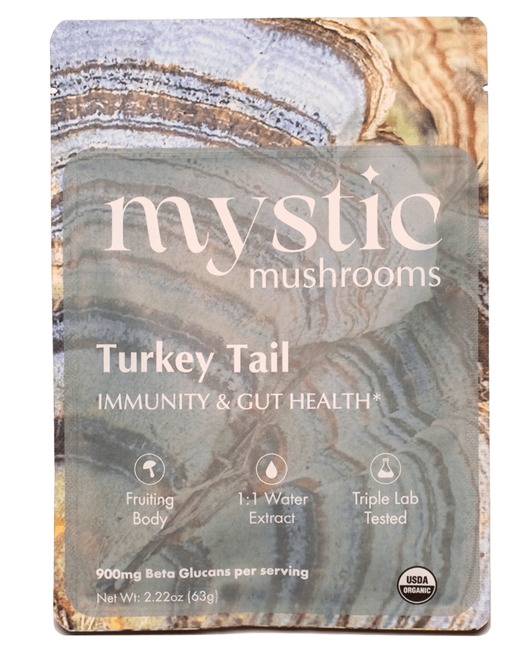 Front of the Mystic Mushrooms organic Turkey Tail extract powder pouch