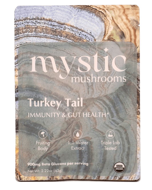 Front of the Mystic Mushrooms organic Turkey Tail extract powder pouch